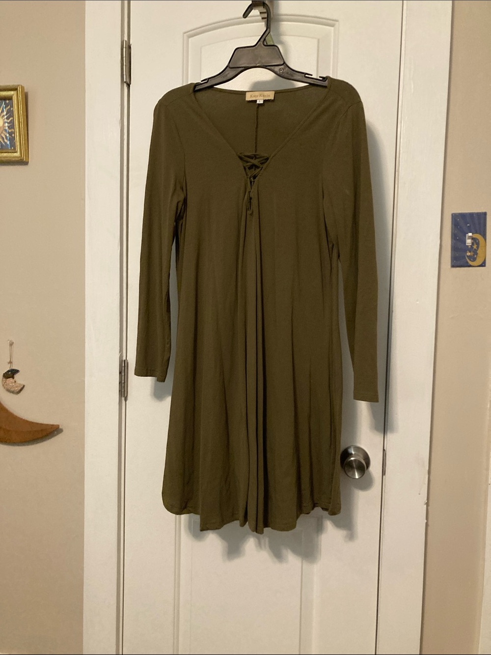 Kensie Olive Lace-Up Long Sleeve Swing Dress